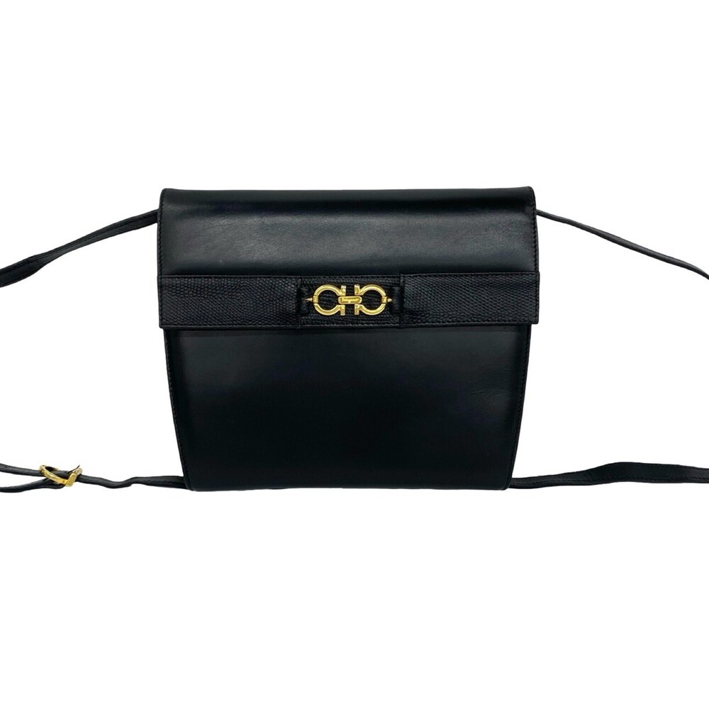 Salvatore Ferragamo Vintage Gancini Logo Hardware Leather Shoulder Bag Black ...